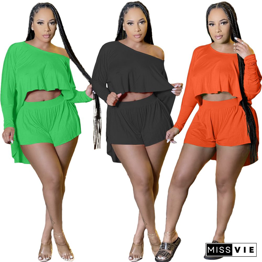 Summer Solid Color Skew Shoulder Bat Sleeve Irregular Crop Top Elastic Waist Shorts 2 Piece Set