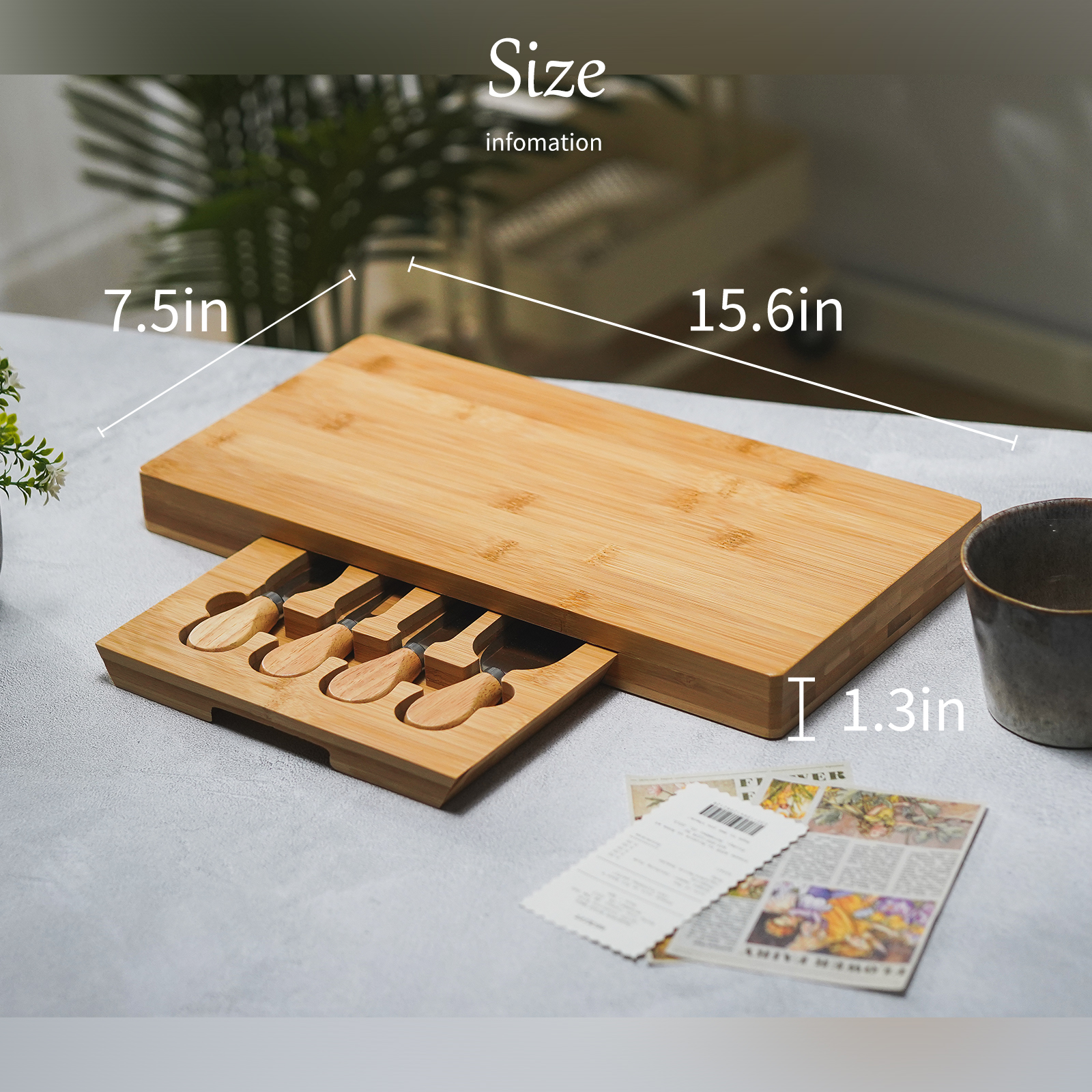 EURO SAKURA Bamboo Cheese Board Set， Wooden Charcuterie Board Serving Platter with Knife Set (7.5x15.5)