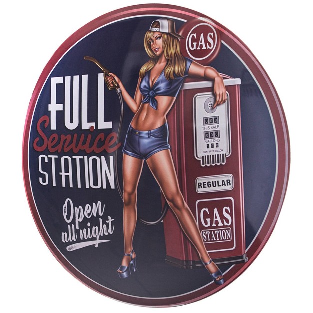 X 15 quot Gas Station Pinup Girl Dome Metal Sign Dark Blue American Art Decor