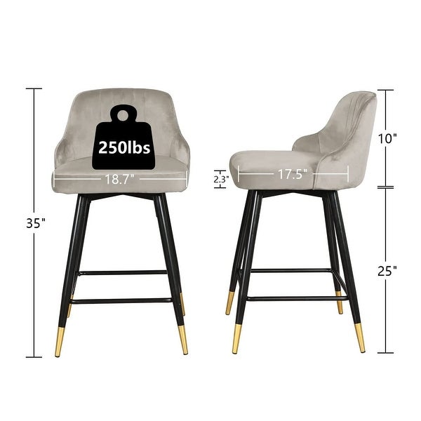 360° Swivel Bar Stools Set of 2， Counter Height Upholstered Velvet Barstool with Comfy Back， Footrest， - as picture