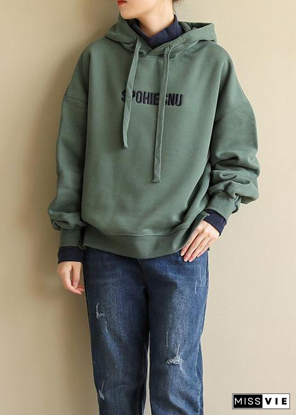 Loose embroidery cotton hooded shirts women Tunic Tops green blouse