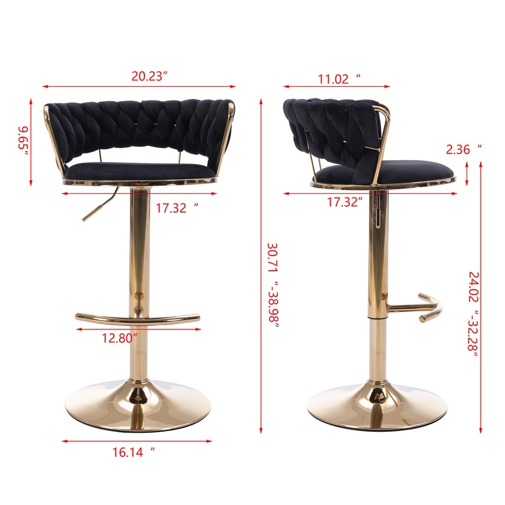 Modern Retro Height Adjustable Counter Chair Swivel Bar Stools Set of 2 with Velvet Woven Backrest Handrail and Footrest