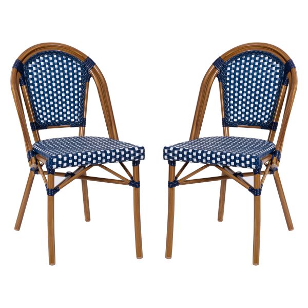 Bordeaux Set of 2 Indoor/Outdoor Commercial French Bistro Stacking Chairs， Navy/White PE Rattan Back and Seat， Bamboo Print Aluminum Frame in Natural