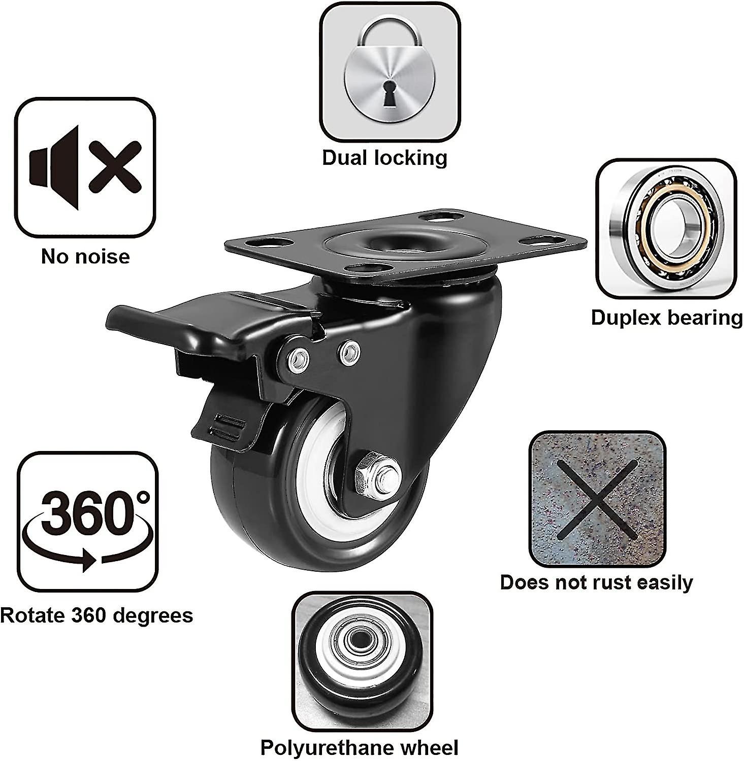 Casters， 50mm Casters， Swivel Casters With Brakes (plates) - Casters Set Of 4， Duty Casters And Wheels For Furniture， Non-mar Uret