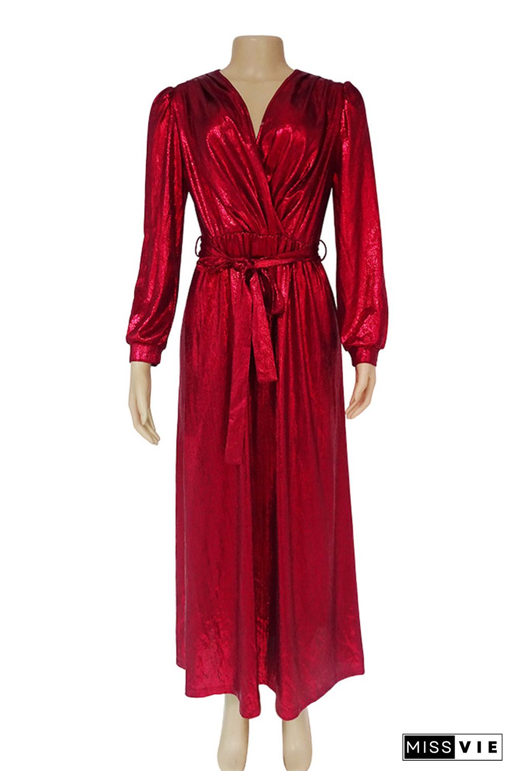 Wrap V Neck Shiny Puffy Sleeves Maxi Dress