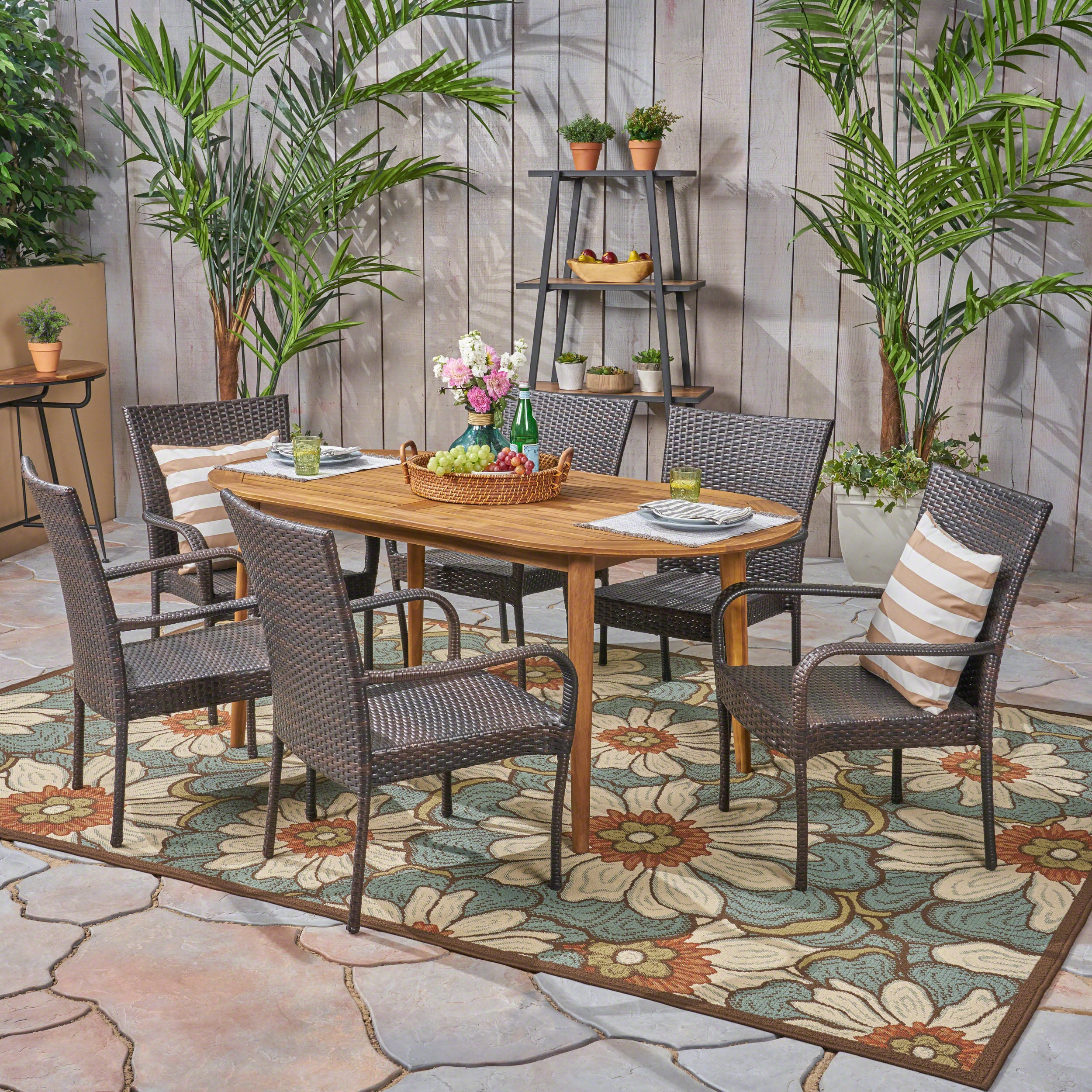 Elle Outdoor 7 Piece Acacia Wood Dining Set with Stacking Wicker Chairs