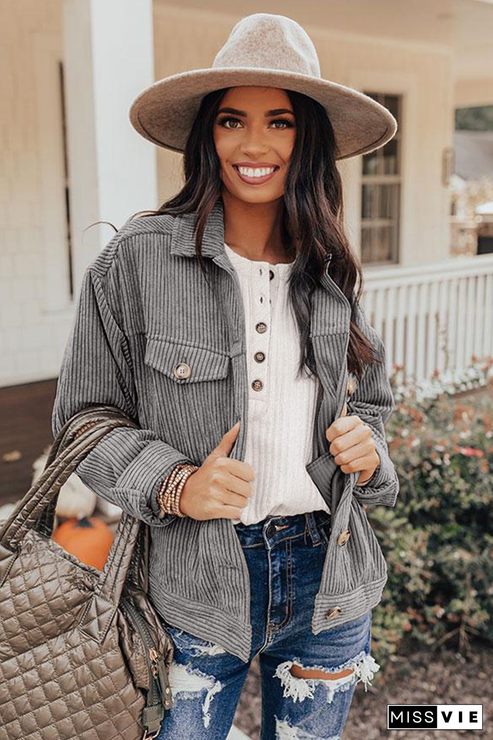 Gray Ribbed Corduroy Long Sleeve Jacket with Pocket