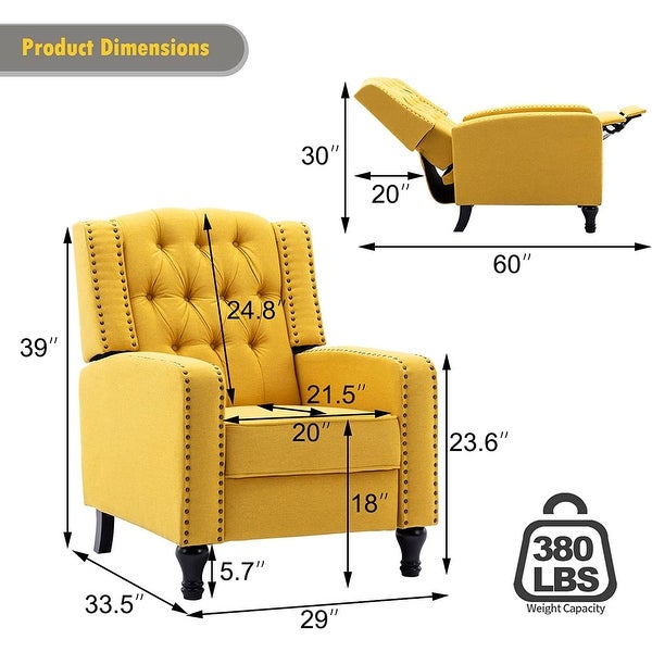 Vicluke Mid Century Modern Tufted Push Back Recliner w/ Traditional Legs， Yellow - 74.8