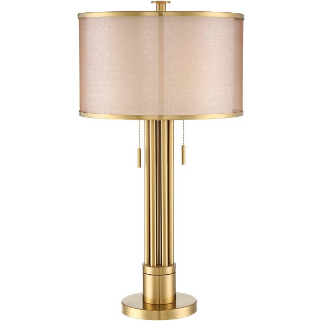 Tall Brass Column Taupe Organza Outer Off White Linen Inner Drum Shade For Bedroom Living Room