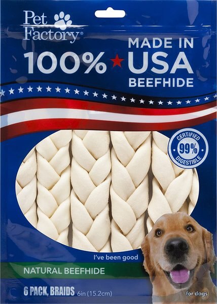 Pet Factory Beefhide 6-inch Braided Sticks Natural Flavored Dog Hard Chews， 6 count