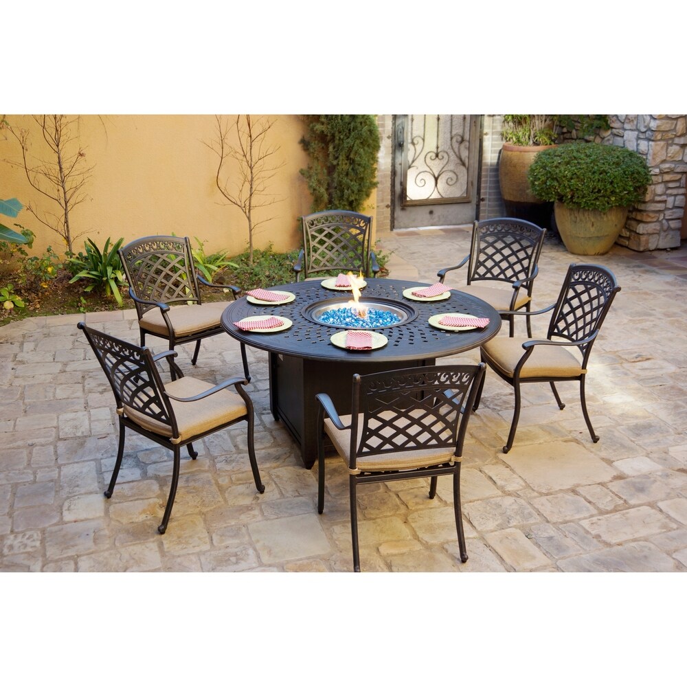 7 Piece Patio Fire Pit Dining Set  60 Inch Round Propane Table with Fireglass.