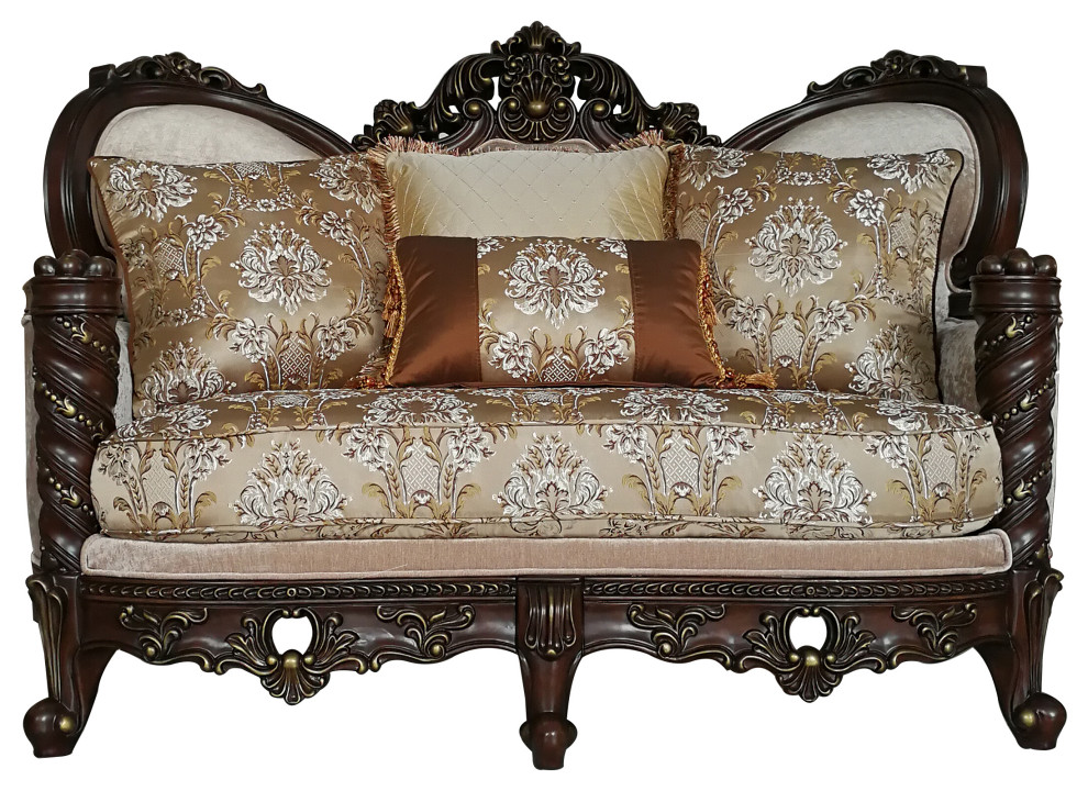 ACME Devayne Loveseat With 4 Pillows  Fabric/Dark Walnut   Victorian   Loveseats   by Kolibri Decor  Houzz