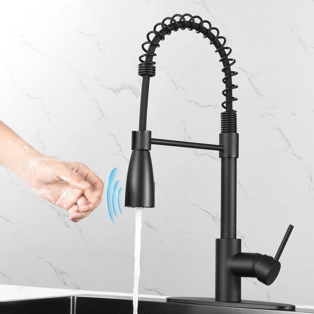 Heemli Touchless Single Handle Gooseneck Pull Out Sprayer Kitchen Faucet with Deckplate and Spiral Tube in Matte Black KBT0201MB