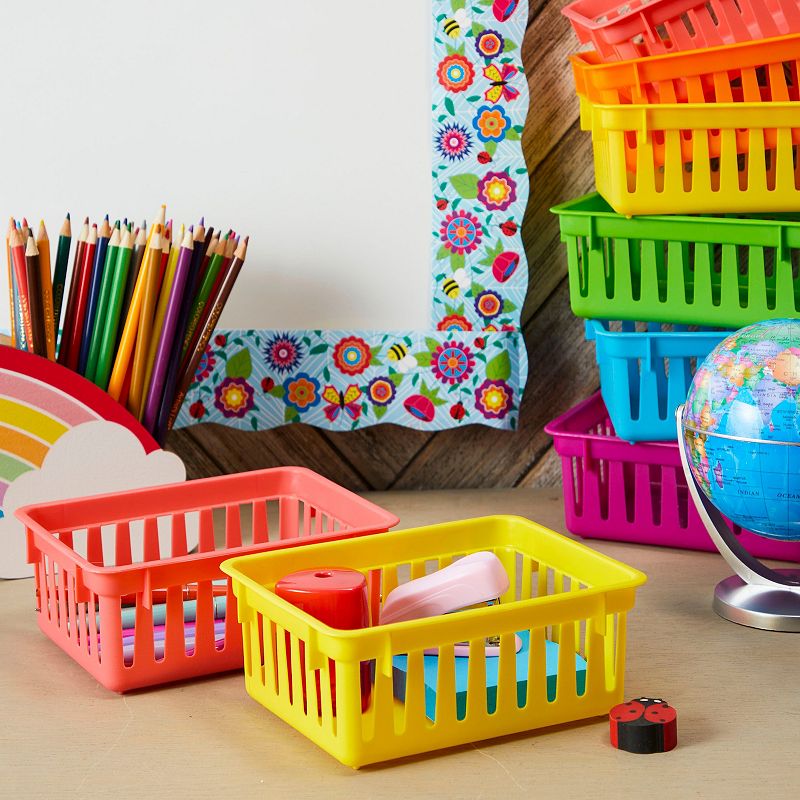 12 Pack Small Colorful Plastic Classroom Storage Baskets for Organizing， Rainbow Organizer Bins (6.1 x 4.8 in)