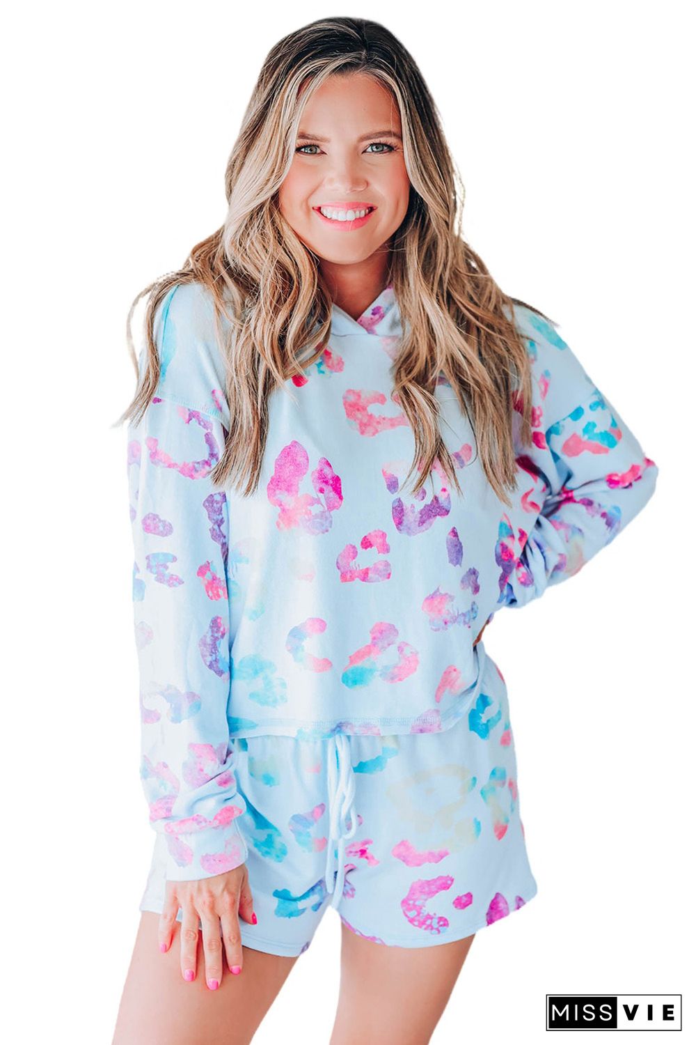 Sky Blue Leopard Print Hoodie and Shorts Set