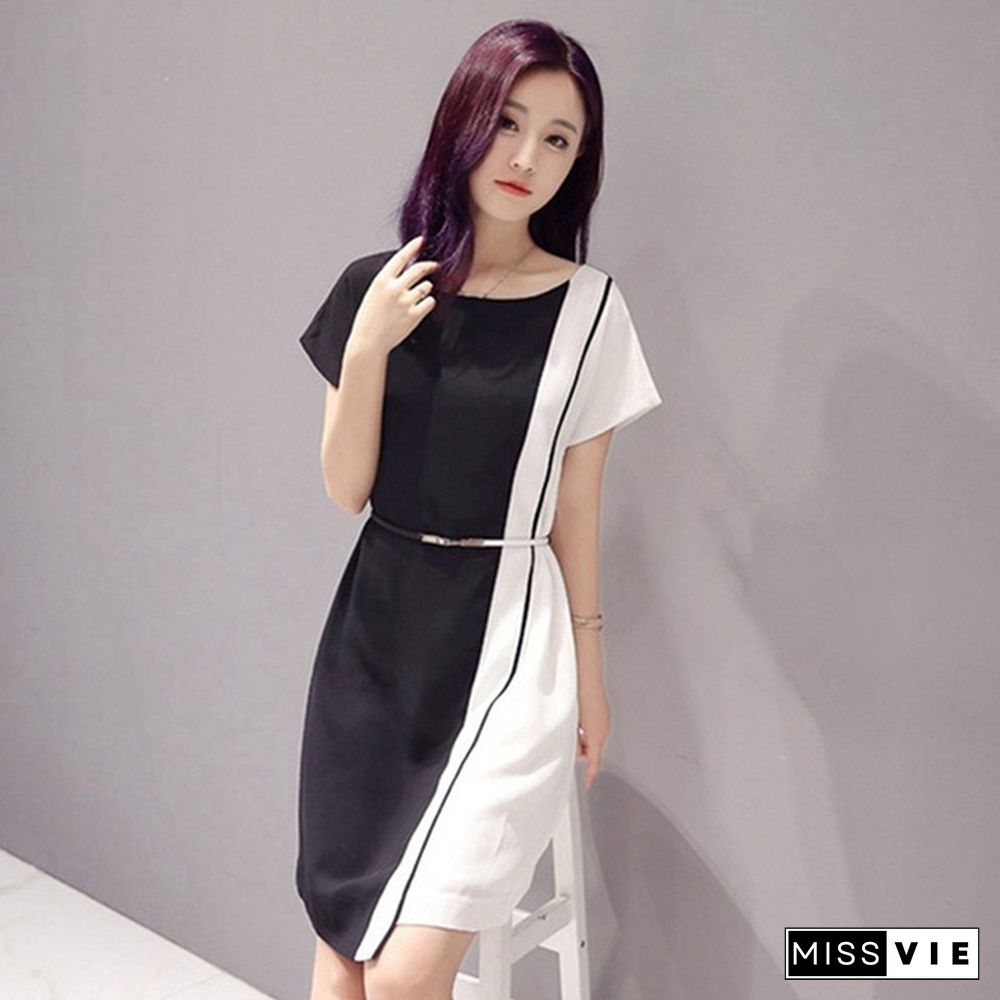 Summer Women Fashion Chiffon Casual Mini Dress Black White Short Sleeve O-Neck Beach Tshirt Dresses