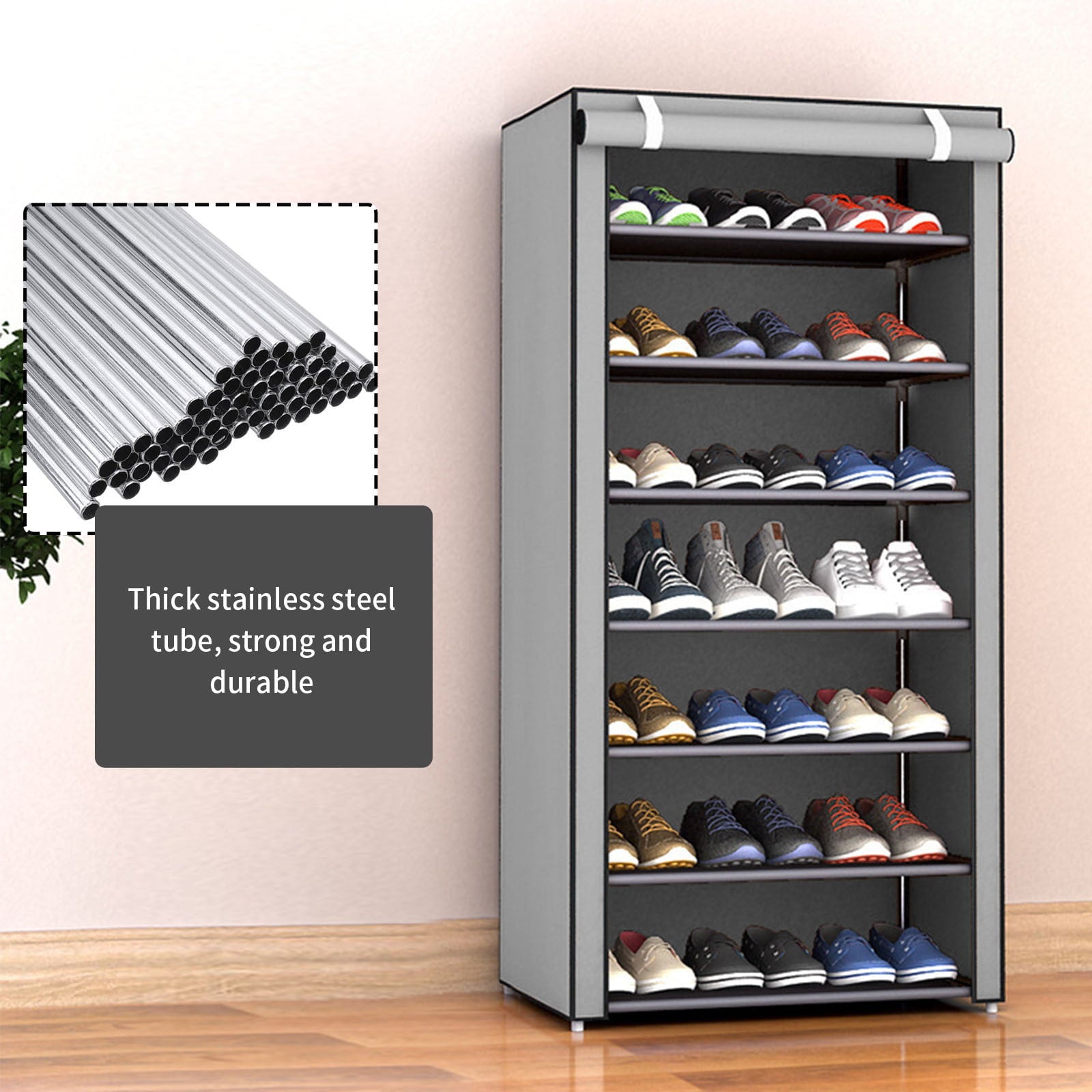 ZUDKSUY Portable Shoe Rack, 10-Tier 27 Paris Shoe Storage Cabinet with Cover, Non-Woven Fabric Shoe Storage Organizer, 9 Lattices Shoe Cabinet Tower Shelf Closet (Grey)