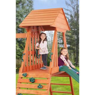 Creative Cedar Designs Cedar Chalet Complete Wood Playset with Wooden Roof Climbing Wall Sandbox Slide and Multiple Swing Set Accessories 3710