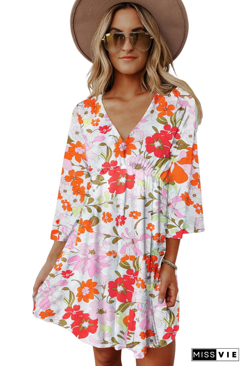 Orange White V Neck 3/4 Sleeve Floral Dress