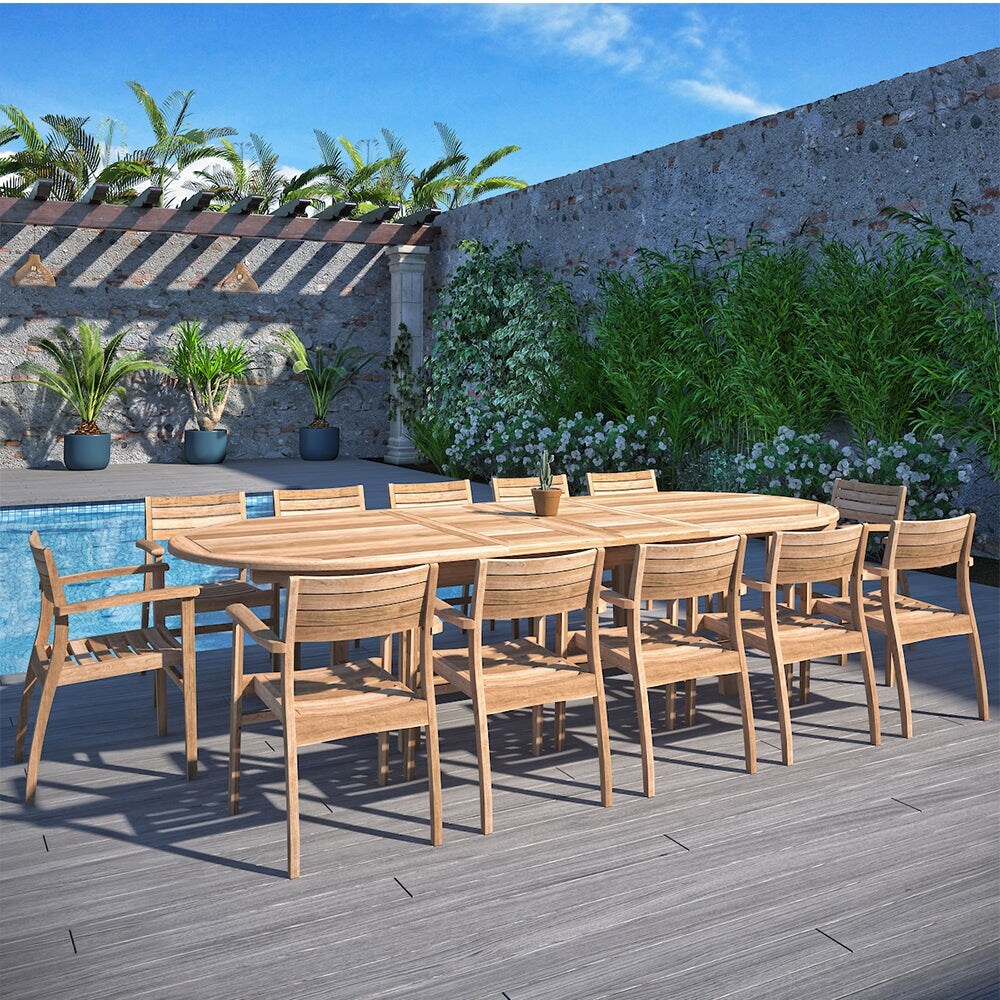 Amazonia Mondavi 13 Piece Outdoor Dining Teak Double Extendable Oval Patio Furniture