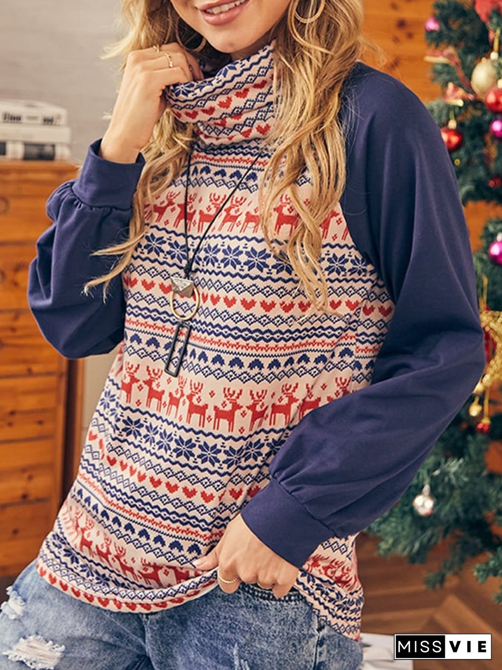 Women's Christmas Elk Print Turtleneck Raglon Sleeve Sweatshirt