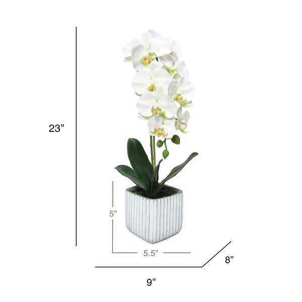 Cream White Artificial Phalaenopsis Orchid Flower Arrangement in Square Embossed Stripe Ceramic Pot 23in