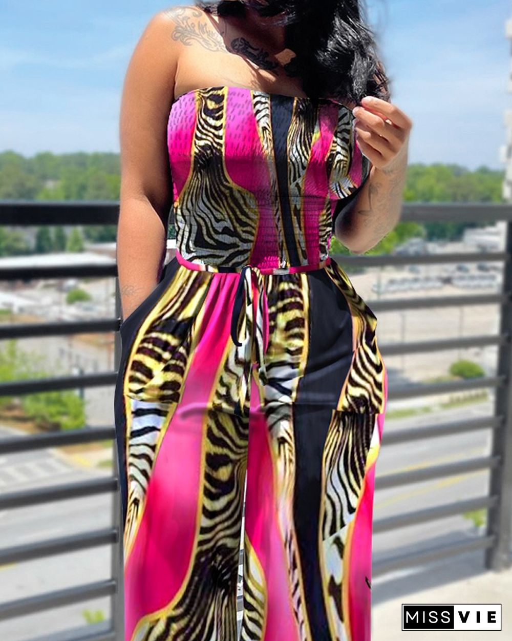 Animal Print Drawstring Waist Shirred Bodice Wide Leg Jumpsuit