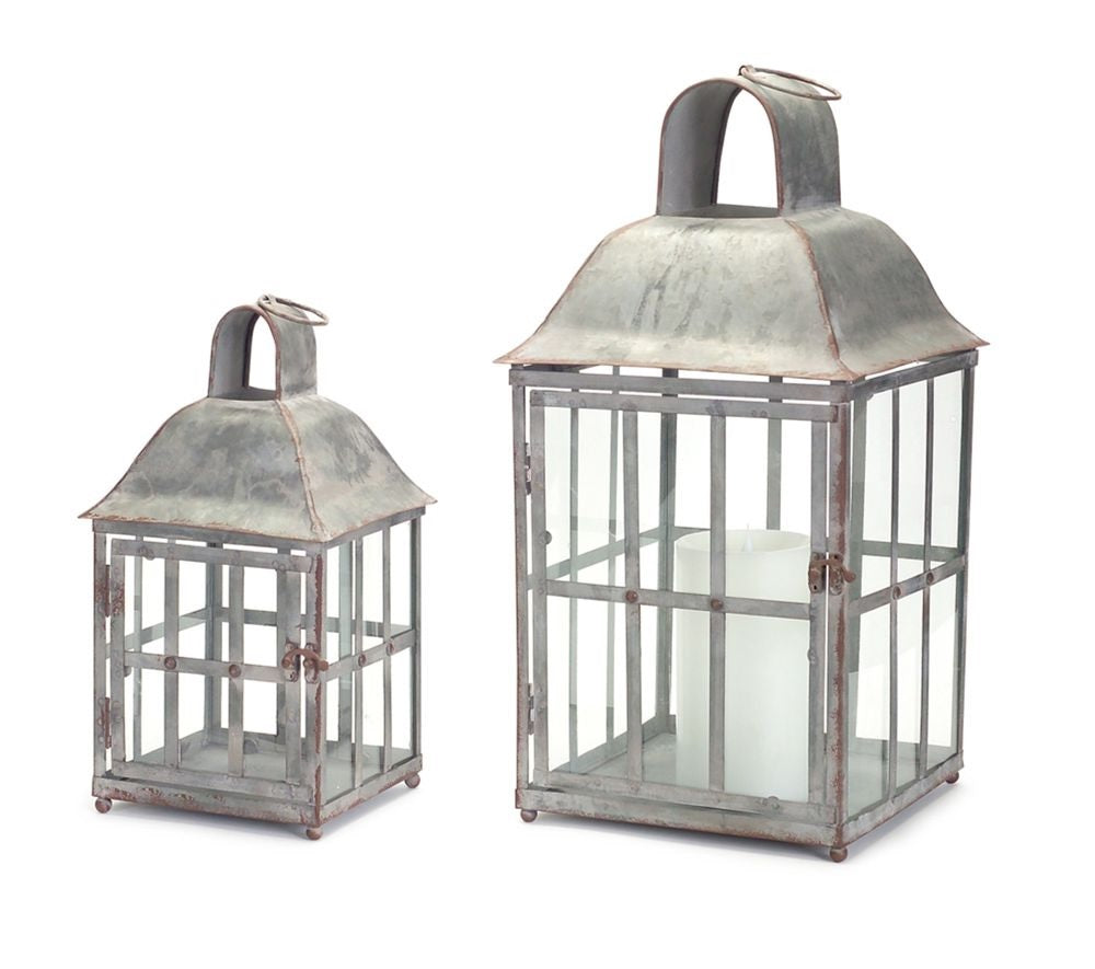 Set of 2 Slightly Distressed Rustic Metal Candle Lanterns 20.25”