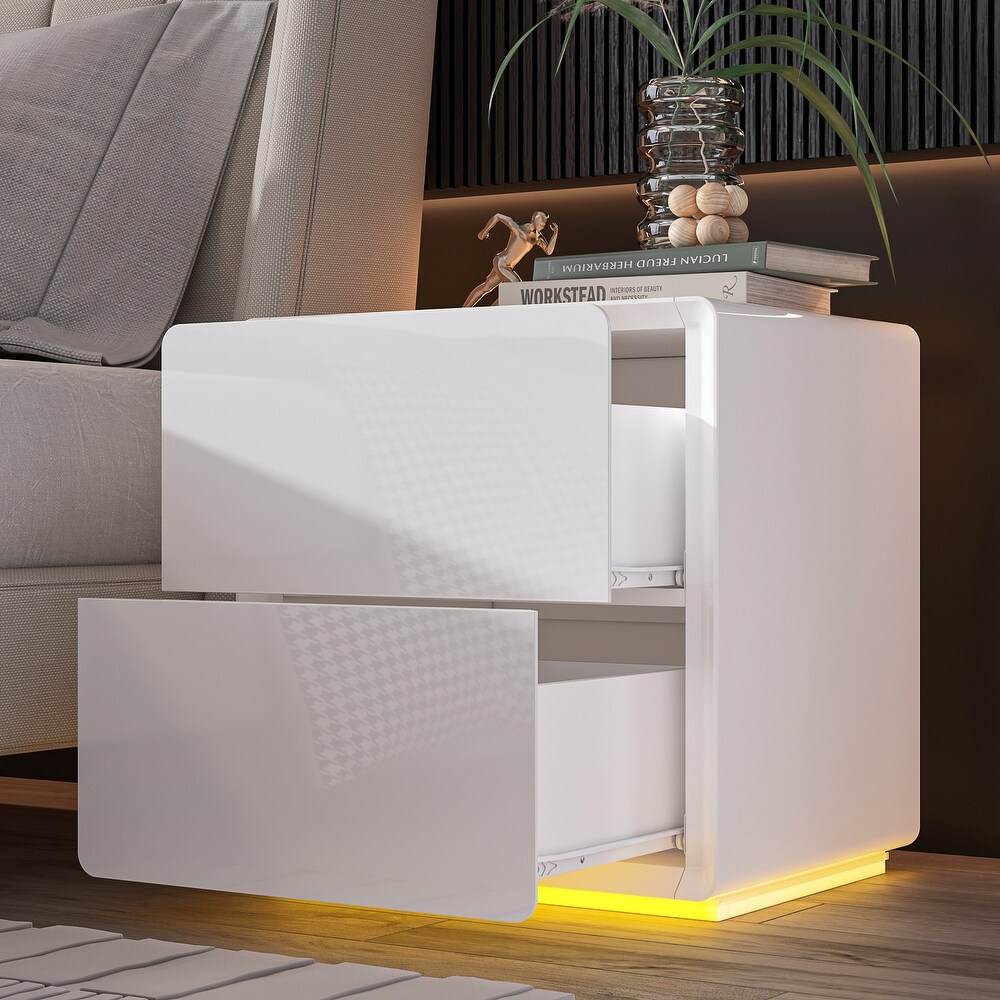 White Modern LED Nightstand High Gloss Bedside Tables with 2 Drawers