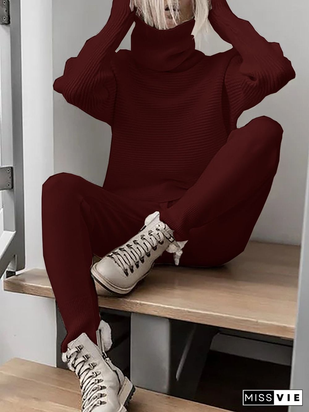 Turtleneck Knitted Two Pieces Pants Suits