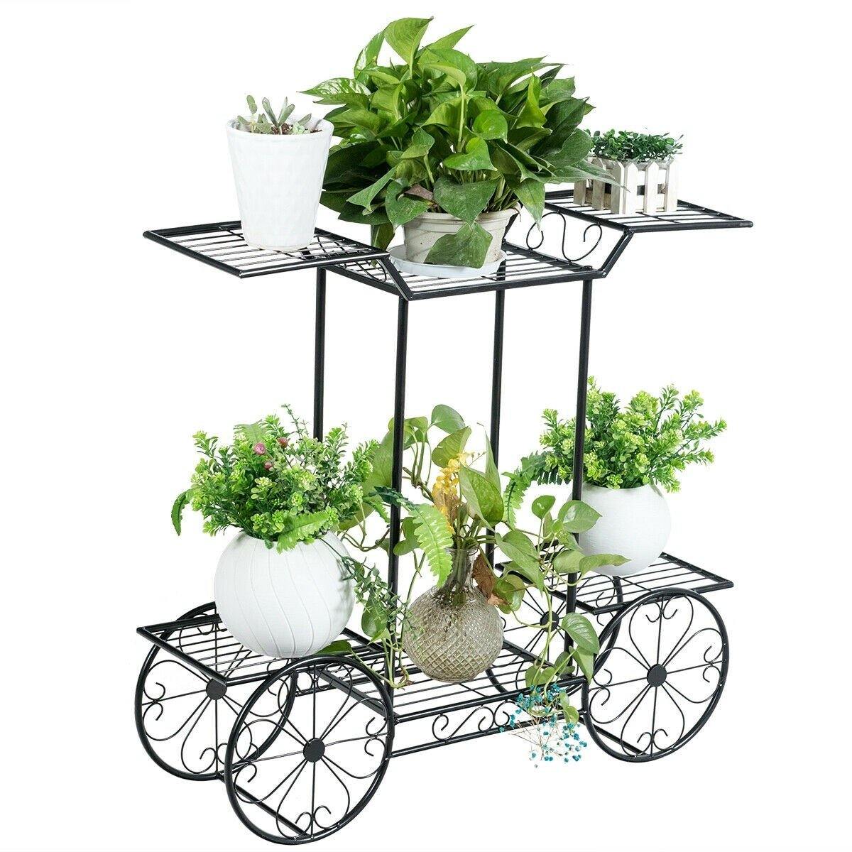 6-Tier Outdoor Garden Cart Metal Flower Rack Display Stand with 4 Wheels