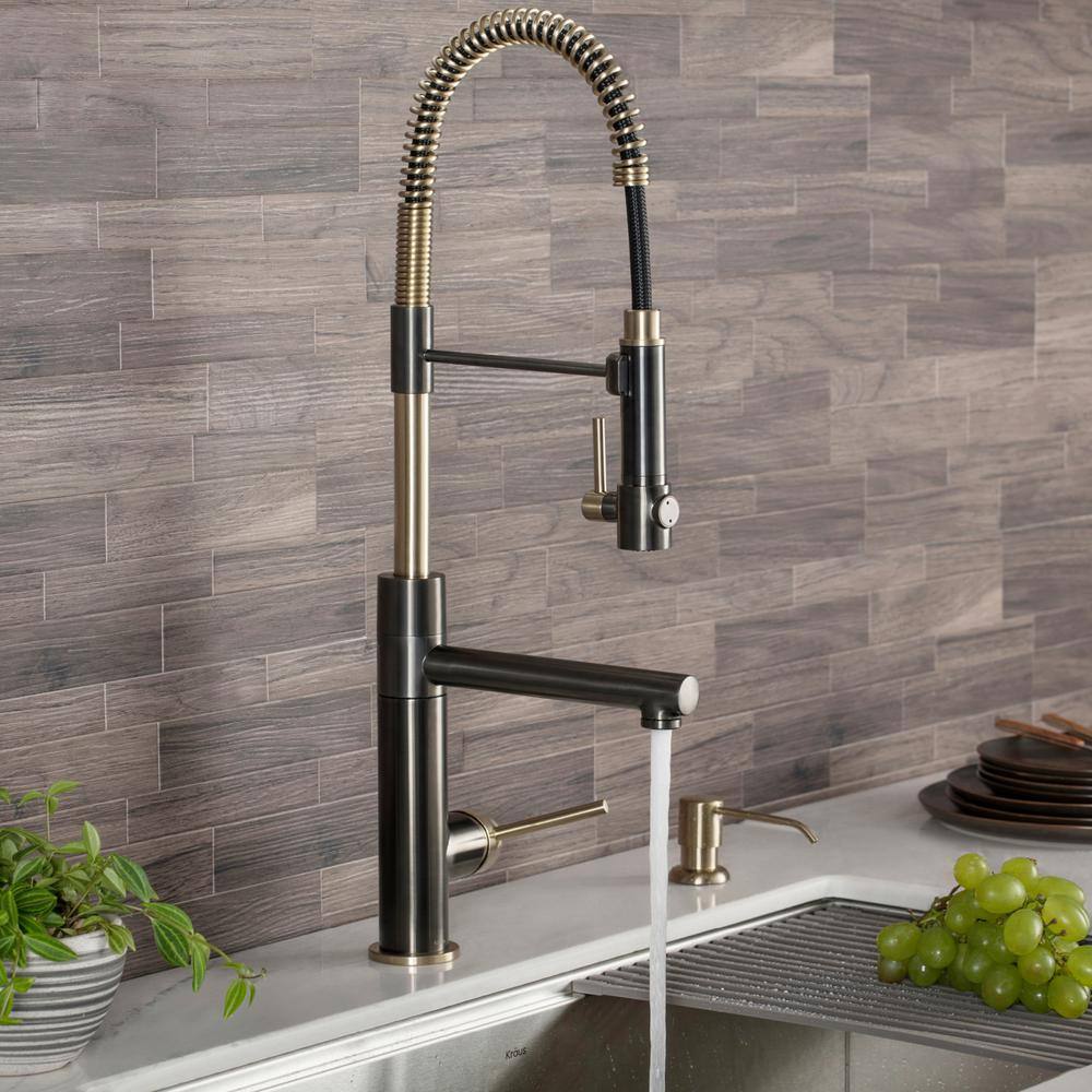 KRAUS Artec Pro Single Handle Pull Down Sprayer Kitchen Faucet with Pot Filler in Black Stainless SteelBrushed Gold KPF-1603SBBG