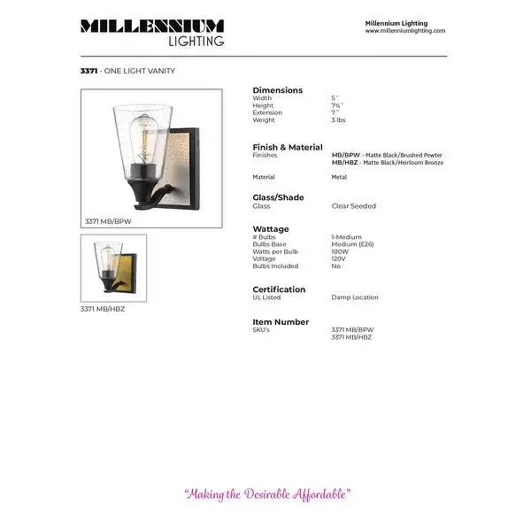 Millennium Lighting 1 Light Matte Black/Brushed Nickel Wall Sconce