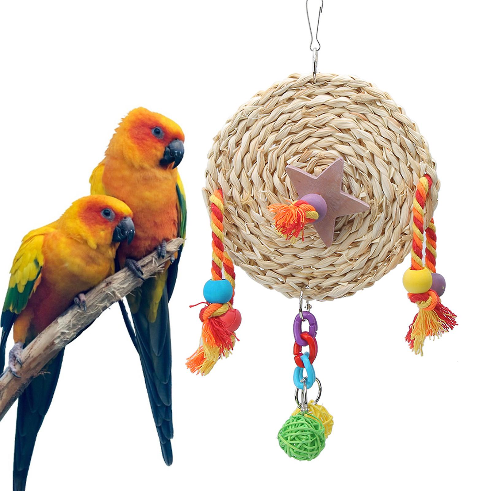 Pet Parrot Non-toxic Straw Plaited Wood Block Chewing Biting Hanging Swing Toy Bird Cage Accessoriess