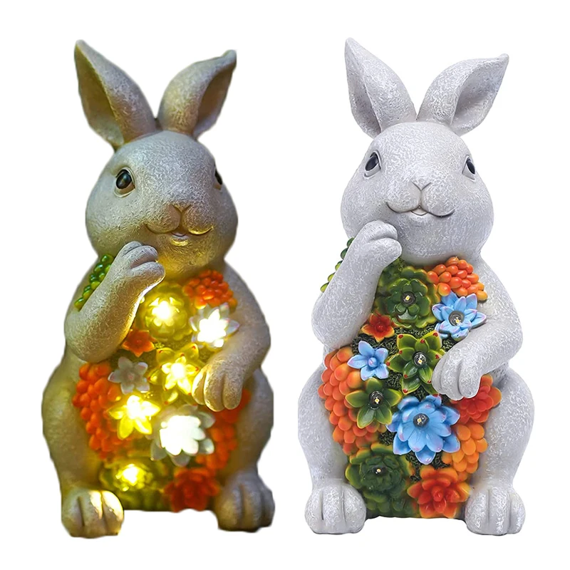 Solar Outdoor Garden Statues Rabbit with Succulent and LED Lights craft ornament for Balcony Yard Lawn Garden Decor Supplies