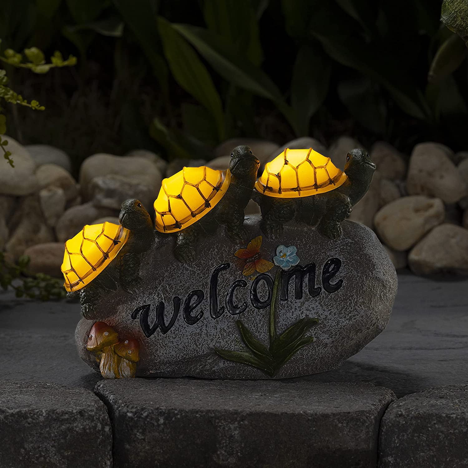 Dawhud Direct Welcome Turtles On A Rock， Solar Powered LED Outdoor Decor， Garden Light