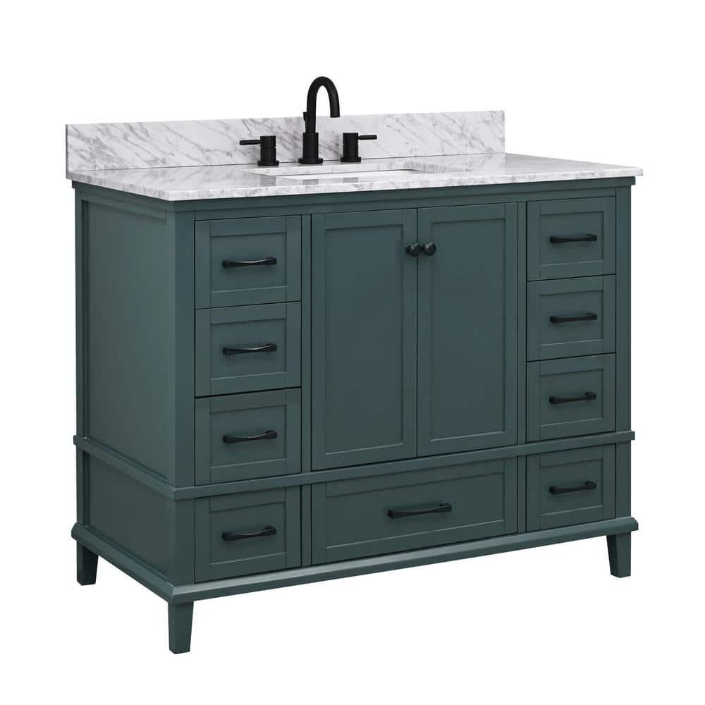 Home Decorators Collection Merryfield 43 in W x 22 in D x 35 in H Bathroom Vanity in Antigua Green with Carrara White Marble Top