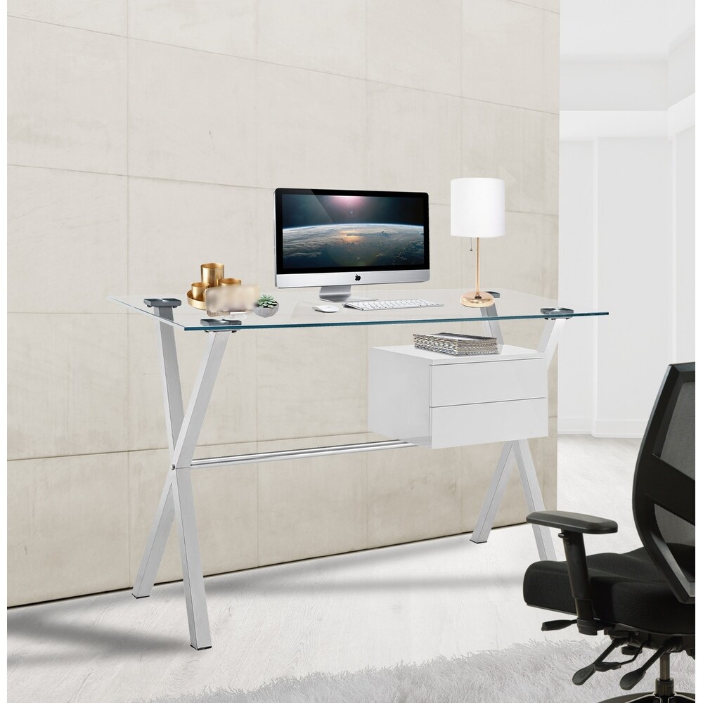 Warner Modern Glass Top Home Office Computer Writing Desk with Two drawers