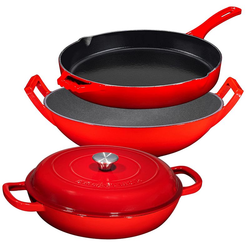 Enameled Cast Iron 3 Piece Bundle Gift Set， 38qt Braiser Pan， 12 Inch Skillet and