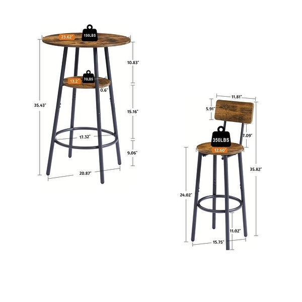 3Pieces Bar Table Set with Double -layer Round Bar Table and 2 Stools