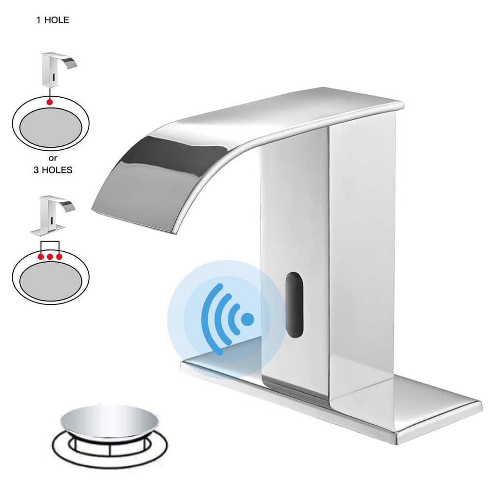 BWE DC Powered Commercial Touchless Single Hole Bathroom Faucet With Deck Plate and Pop Up Drain In Polished Chrome