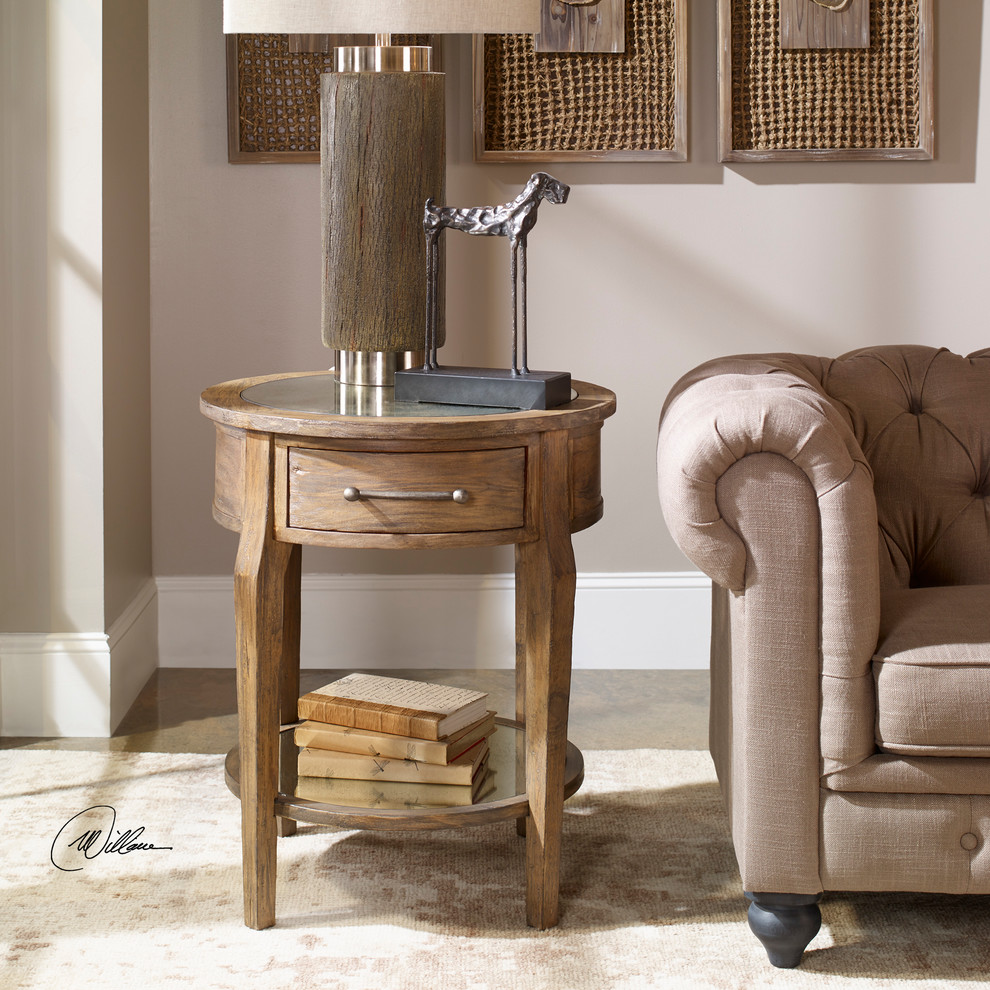 Classic Round Light Wood Accent Table  Drawer Mirrored Transitional Elegant   Rustic   Side Tables And End Tables   by My Swanky Home  Houzz