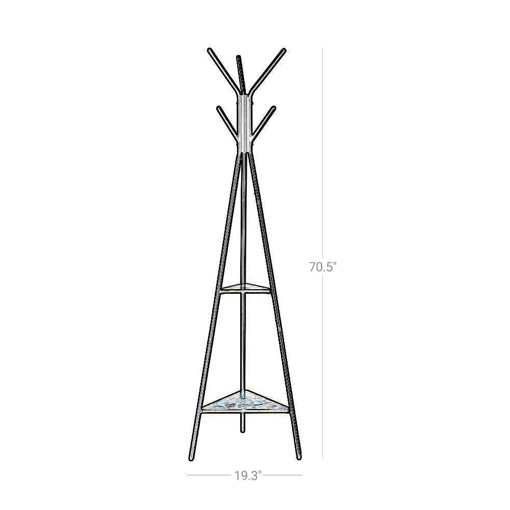 Iron Framed Coat Rack Stand with Six Hooks and Two Wooden Shelf， Black and Brown- Saltoro Sherpi