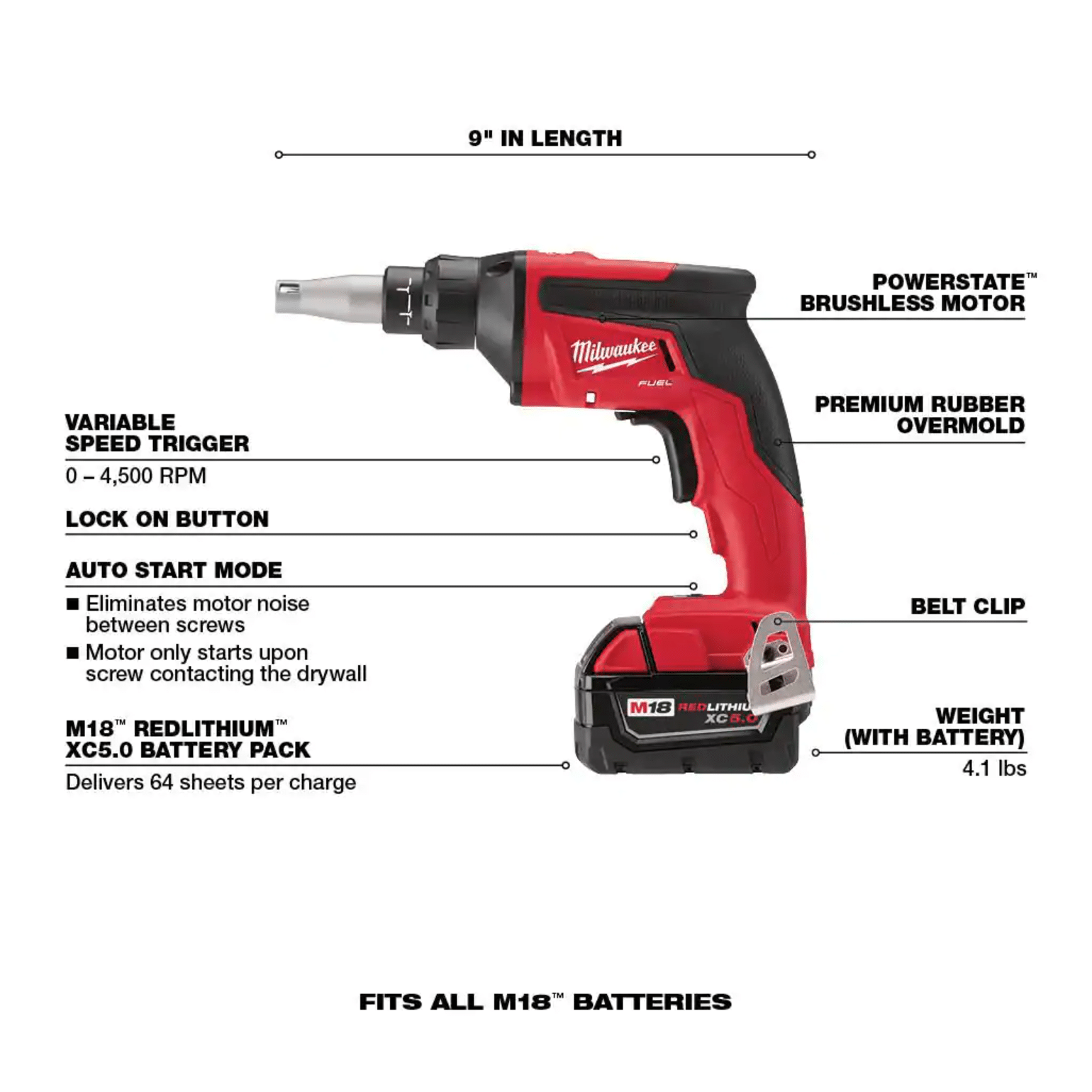 Milwaukee M18 Fuel 18V Lithium-Ion Brushless Cordless Drywall Screw Gun and Starter Kit with 5.0 Ah Battery and Charger (2866-20-48-59-1850)