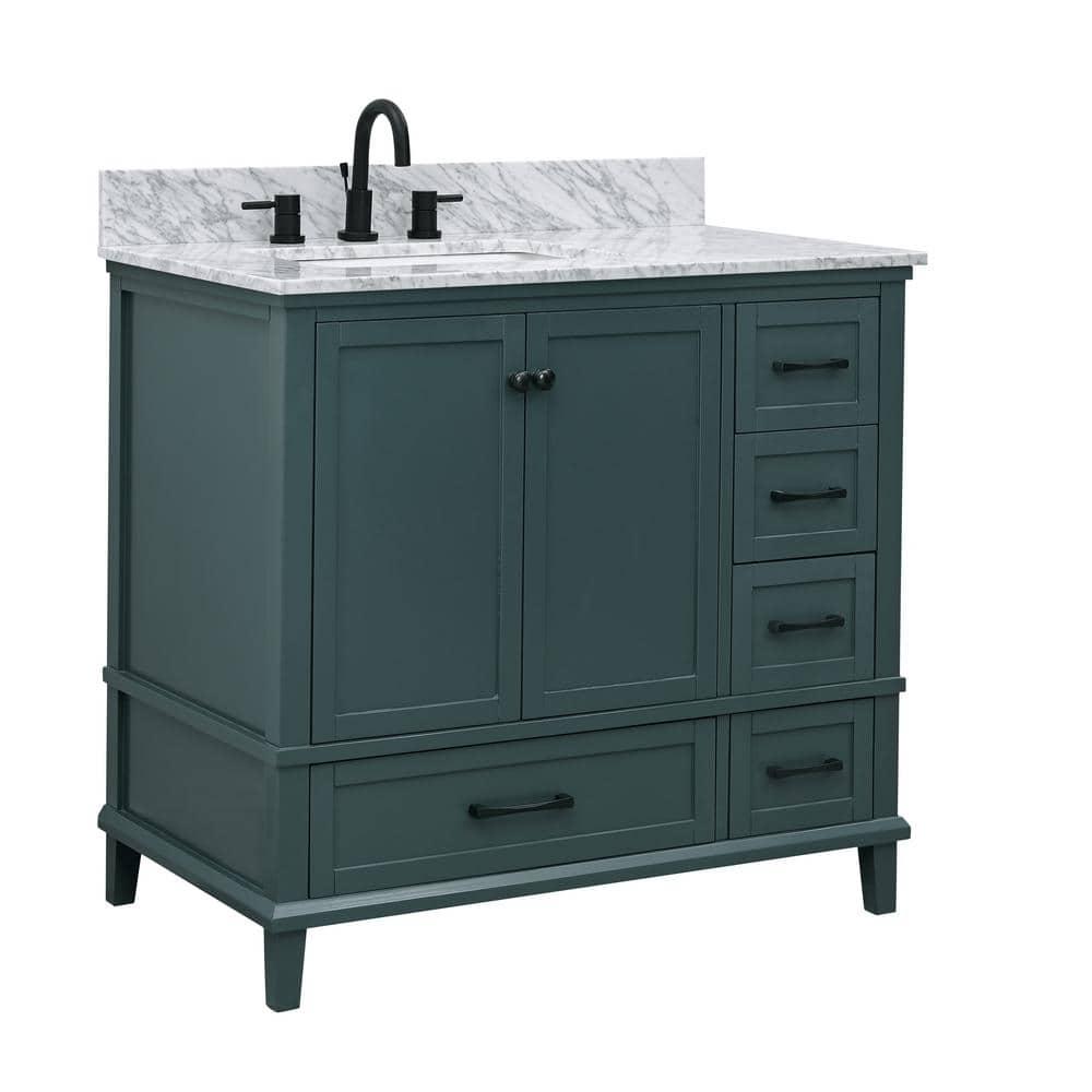 Home Decorators Collection Merryfield 37 in W x 22 in D x 35 in H Bathroom Vanity in Antigua Green with Carrara White Marble Top