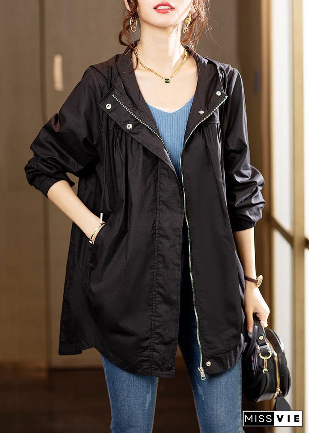 Black Wrinkled Patchwork Cotton Coats Zip Up Long Sleeve