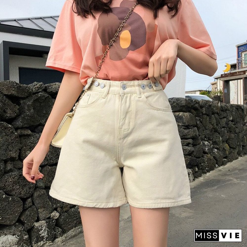 Women'S Summer Denim Shorts Caual Korean Style Blue Vintage High Waist Wide Leg Shorts Female Jeans New Short Pants Woman