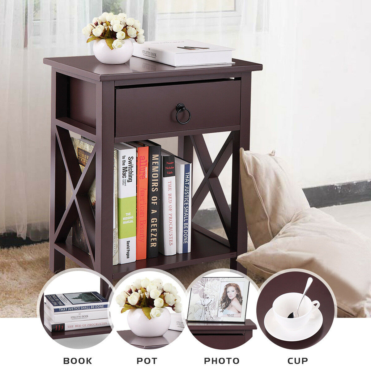 Topcobe Night Stand Set of 2, Nightstand Organizer w/ Storage Drawer, End Table Storage Cabinet for Bedroom, Living Room, Dining Room Furniture, Brown