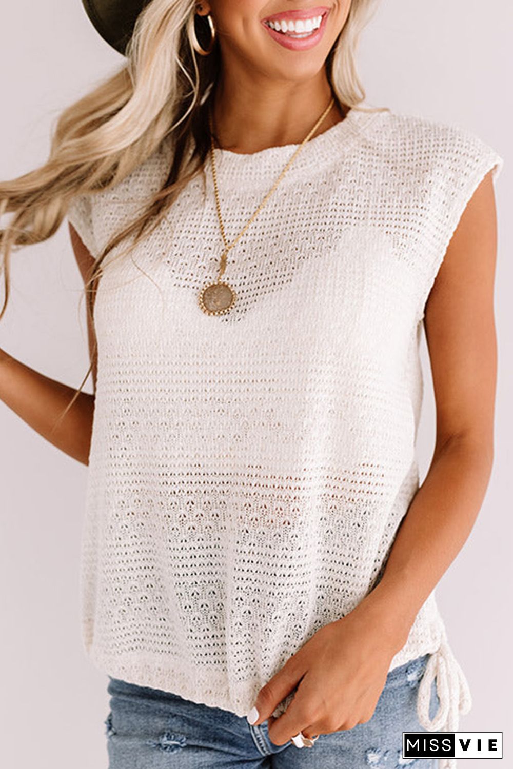 White Side Drawstring Knitted Tank Top