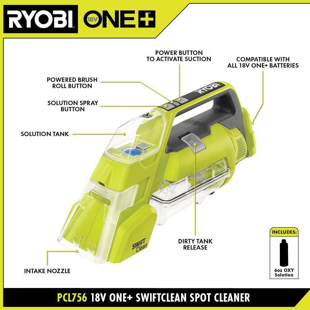 RYOBI ONE+ 18V Cordless SWIFTClean Spot Cleaner Kit with  2.0 Ah Battery Charger 32 oz. OXY Floor Cleaning Solution PCL756K-A32S056